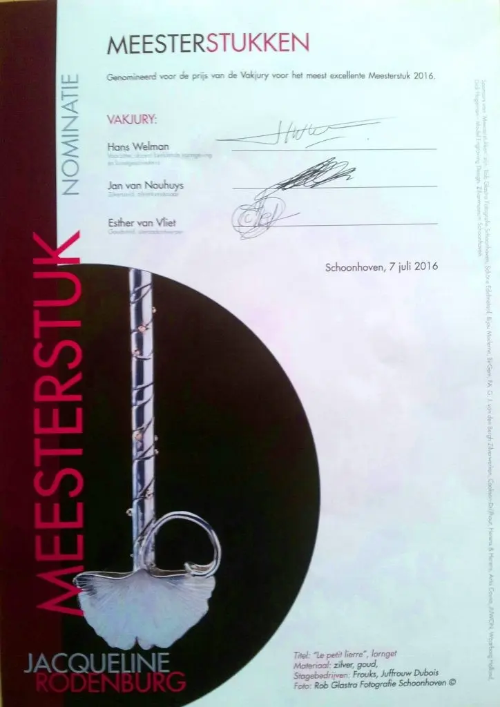 Certificate of nomination for the 2016 Masterpiece Award, awarded to Jacqueline Rodenburg for her artwork titled "Le petit lierre" featuring a silver and gold brooch, with signatures and date of July 7, 2016, in Schoonhoven, Netherlands.