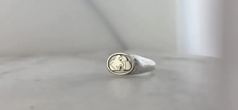 A silver ring with an engraved design featuring a horse's head and a stylized letter 'N' on the front, placed on a plain surface.
