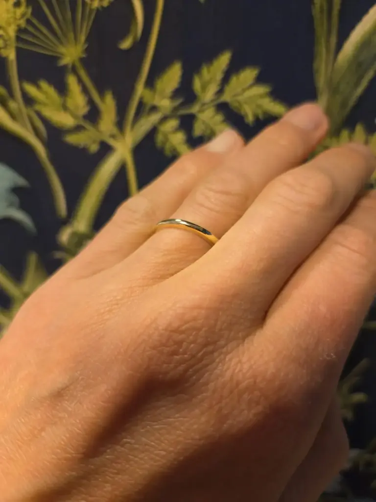 Close-up of a person's hand with a gold ring on the ring finger, resting against a dark background with green leafy plant