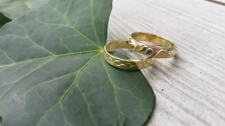 Two gold rings, one with a dark gemstone, placed on green ivy leaves on a wooden surface.