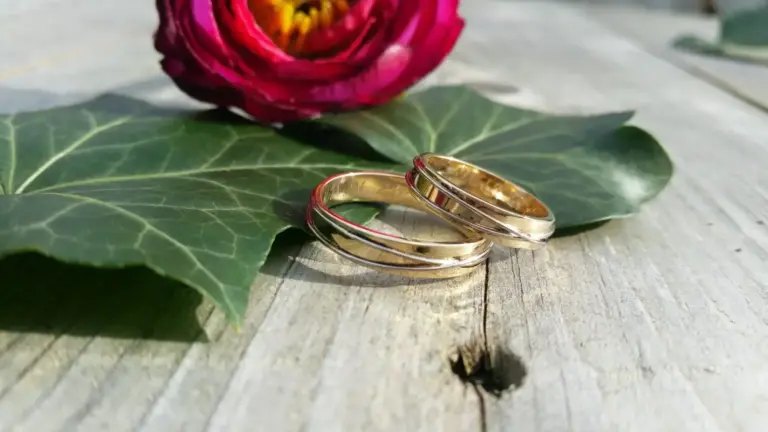 Close-up of two wedding rings, one gold and one silver, resting on green holly leaves with a pink flower in the background on a wooden surface.